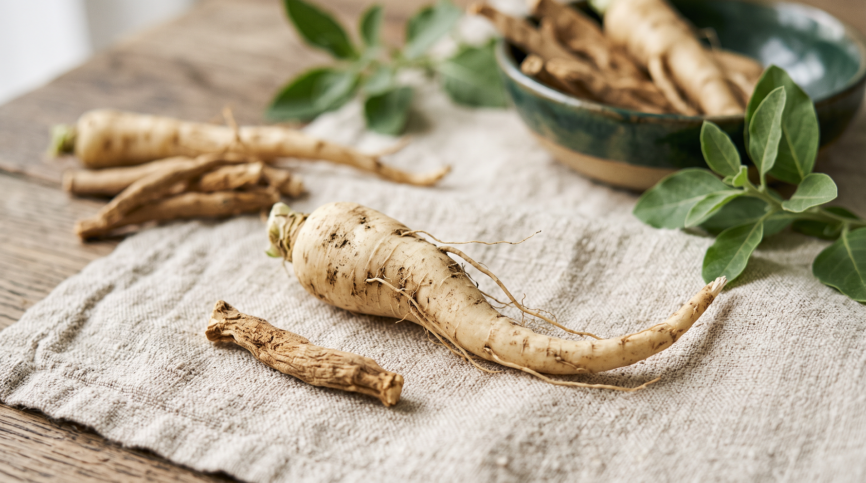 Raíz de ashwagandha seca sobre lino natural