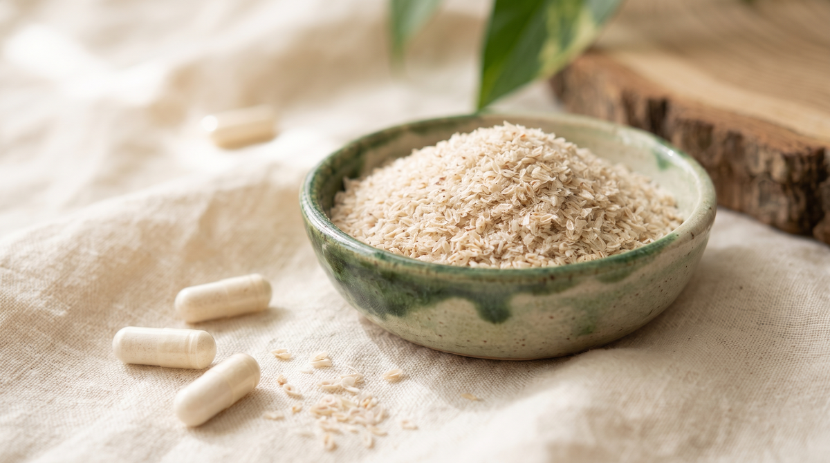 Cáscara de psyllium en un cuenco de cerámica junto a cápsulas veganas sobre lino natural