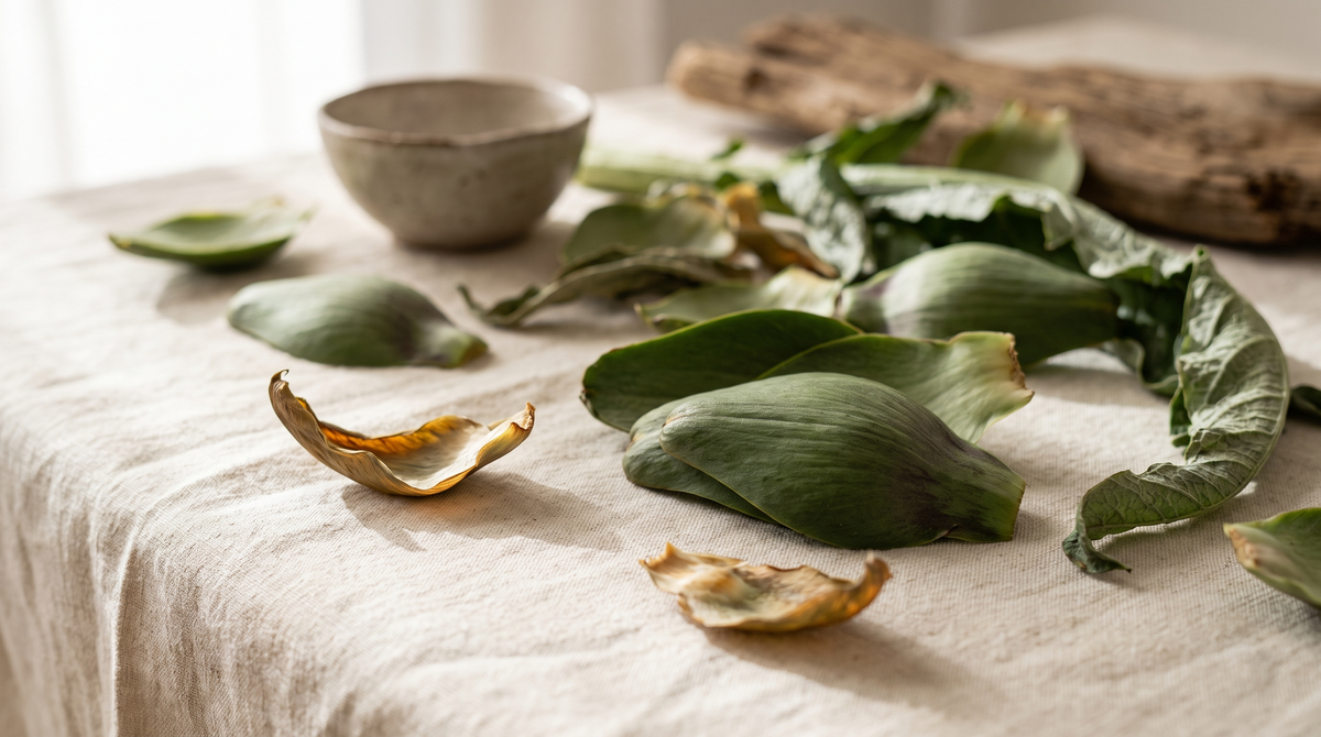 Hojas de alcachofera frescas y secas sobre lino natural