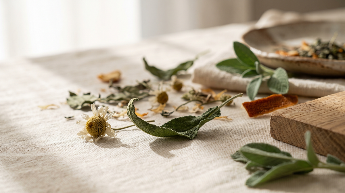 Té verde con jazmín en hojas sueltas sobre lino natural