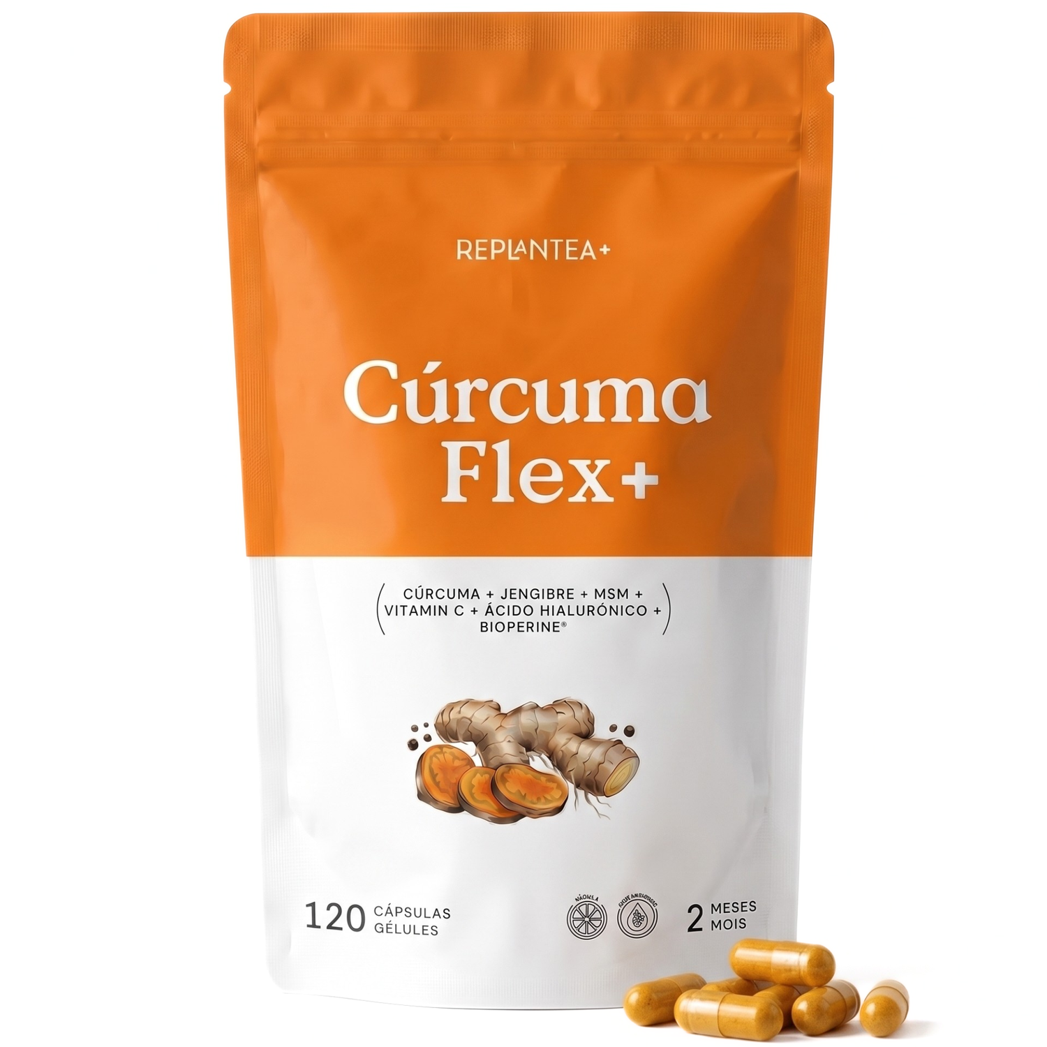 Cúrcuma Flex+ · Cúrcuma 50:1, Gengibre, MSM, Ácido Hialurónico e Vitamina C · 120 cápsulas veganas