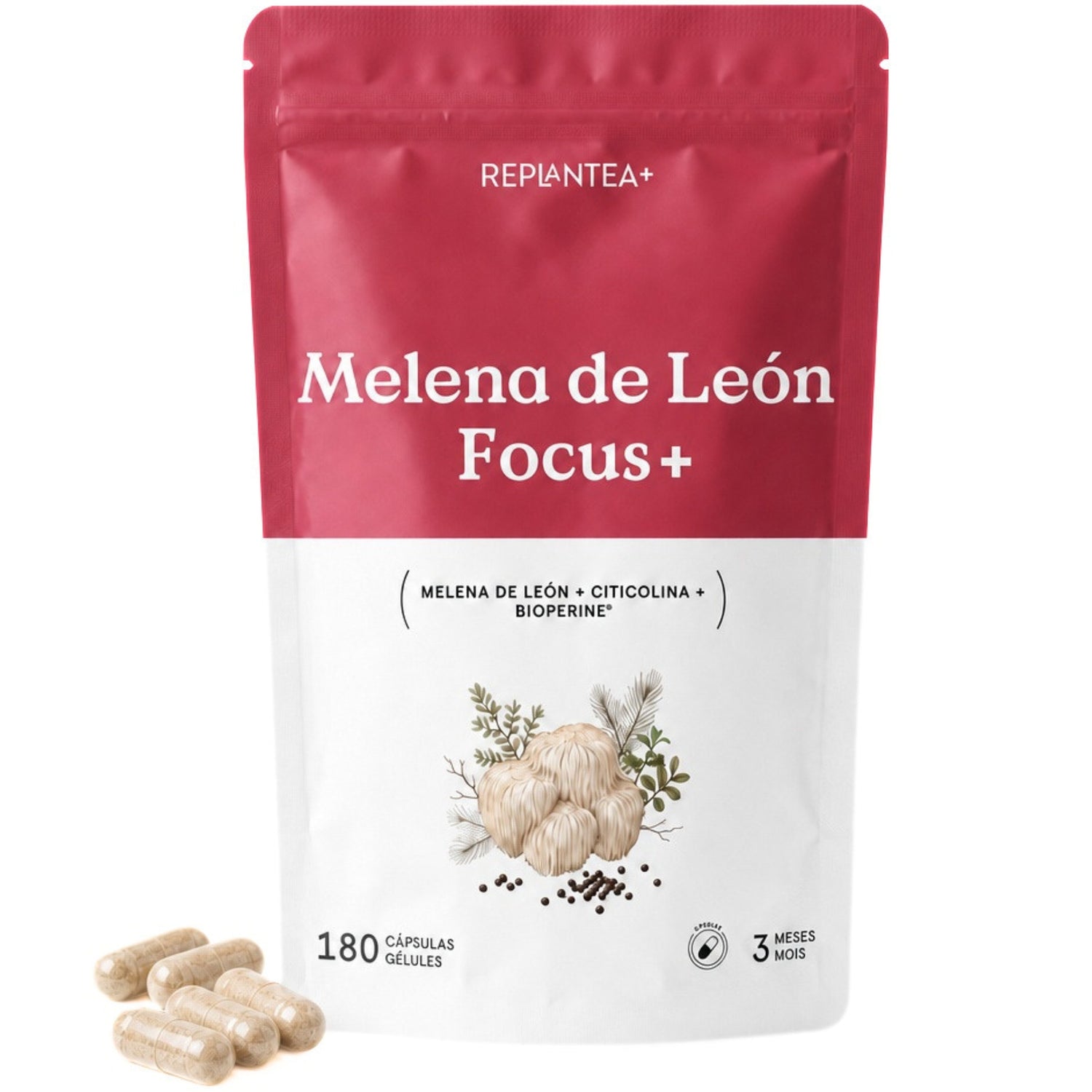 Juba de Leão Focus+ · Extrato 15:1 (Hericium erinaceus) com Citicolina e BioPerine · 180 cápsulas veganas