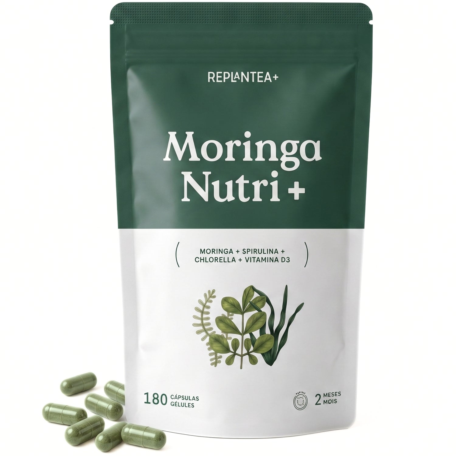 Moringa Nutri+ · Moringa, Espirulina e Chlorella BIO com Vitamina D3 · 180 cápsulas veganas