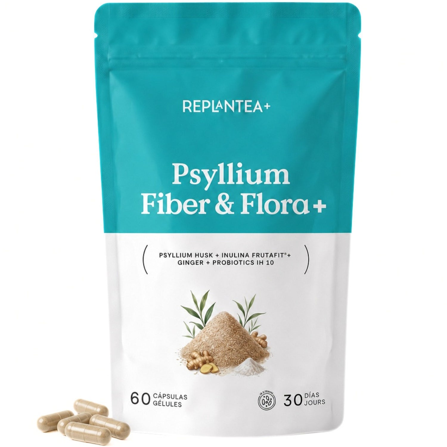 Psyllium Fiber & Flora+ · Psyllium BIO, Inulina Frutafit®, Gengibre e Probióticos IH10 (10 estirpes) · 60 cápsulas veganas