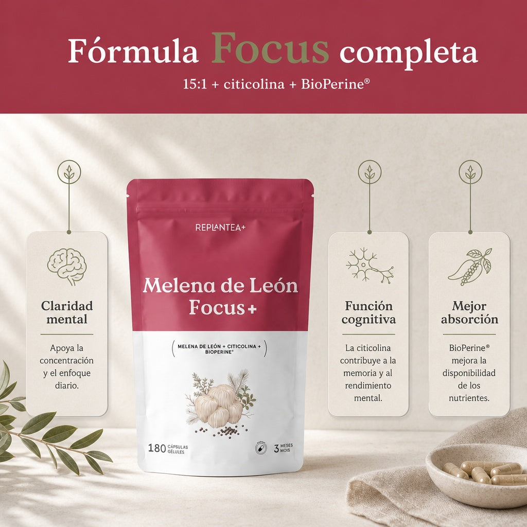 Juba de Leão Focus+ · Extrato 15:1 (Hericium erinaceus) com Citicolina e BioPerine · 180 cápsulas veganas