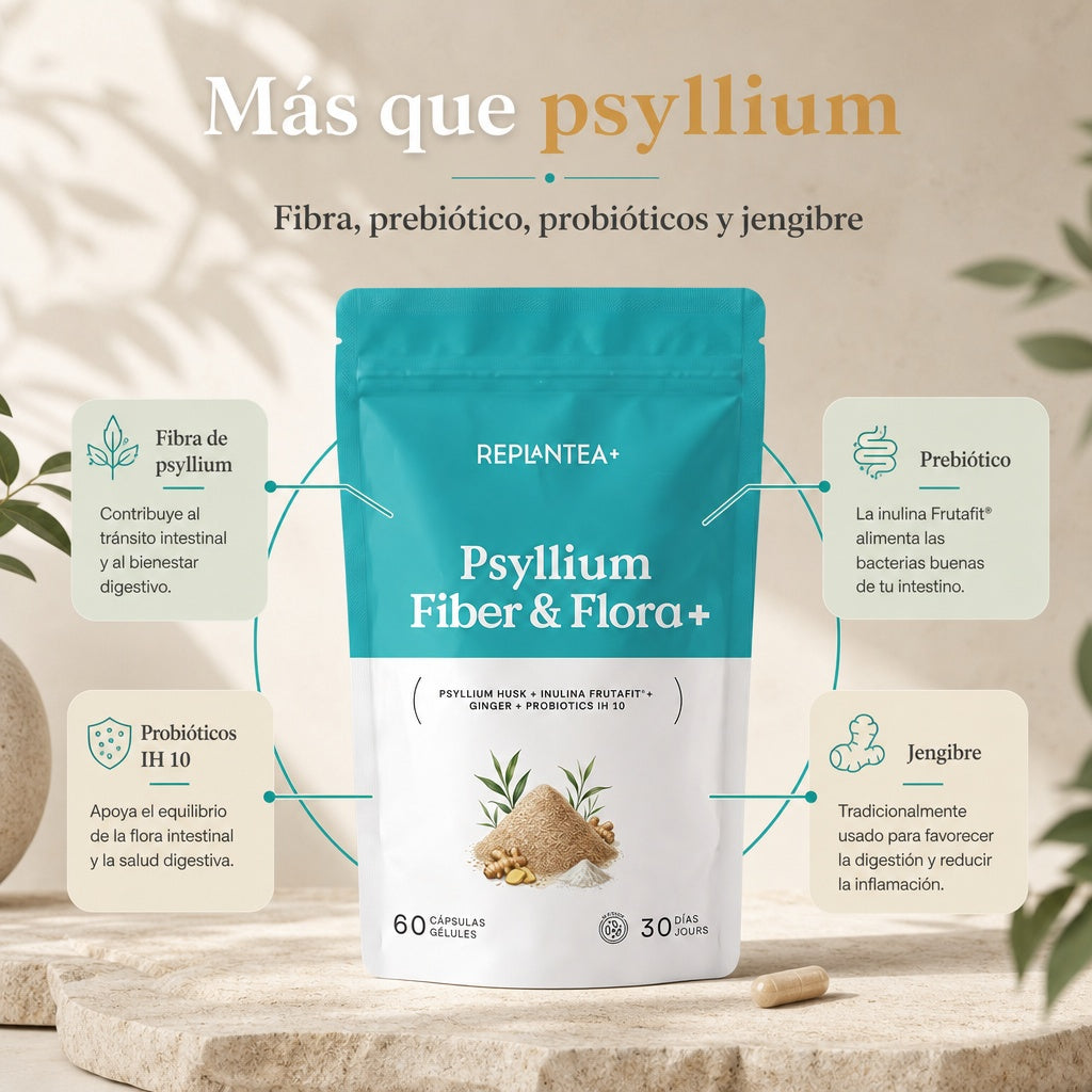 Psyllium Fiber & Flora+ · Psyllium BIO, Inulina Frutafit®, Gengibre e Probióticos IH10 (10 estirpes) · 60 cápsulas veganas