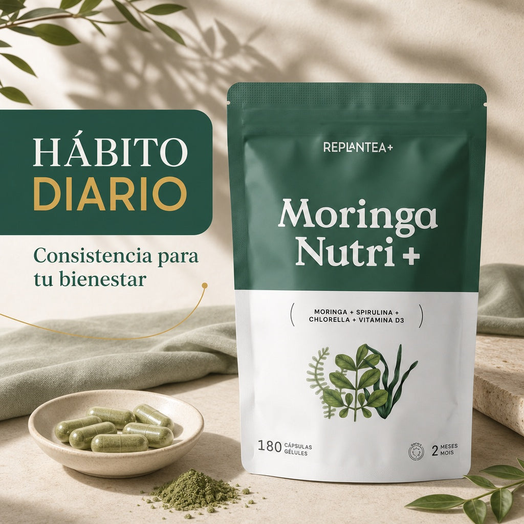 Moringa Nutri+ · Moringa, Espirulina e Chlorella BIO com Vitamina D3 · 180 cápsulas veganas