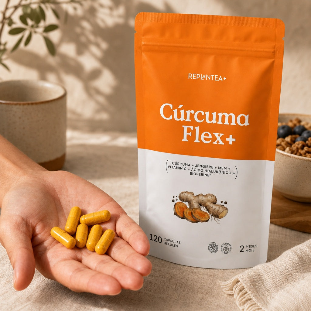 Cúrcuma Flex+ · Cúrcuma 50:1, Gengibre, MSM, Ácido Hialurónico e Vitamina C · 120 cápsulas veganas